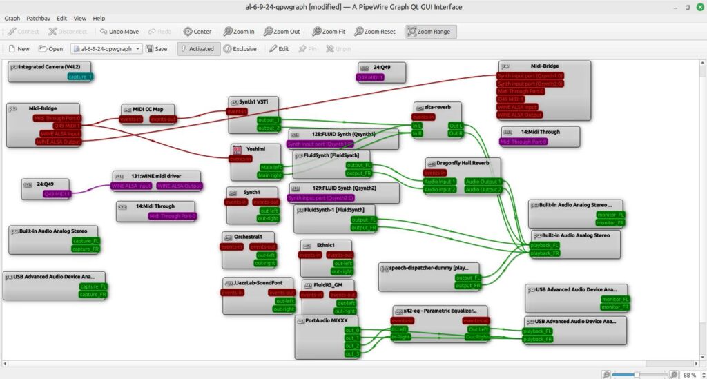 Komplexe Patchbay von qpwgraph, Alsa, Jack und PipeWire nebeneinander